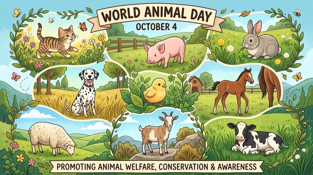 World Animal Day banner with farm animals and pets, October 4 animal welfare and conservation poster, cute illustrated livestock in nature