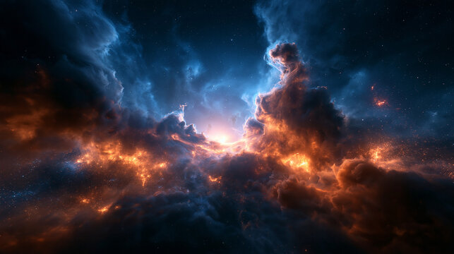 Glowing Cosmic Nebula with Fiery Space Dust and Deep Stars