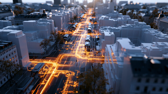 Digital Twin Smart City Model with Glowing Data Pathways