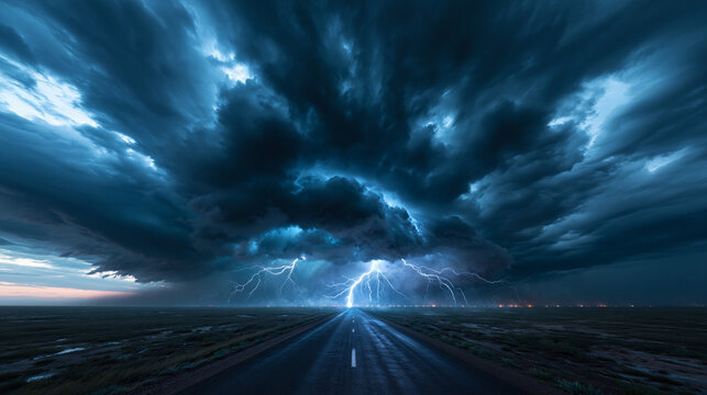 Dramatic Lightning Strike Over Highway During Severe Thunderstorm