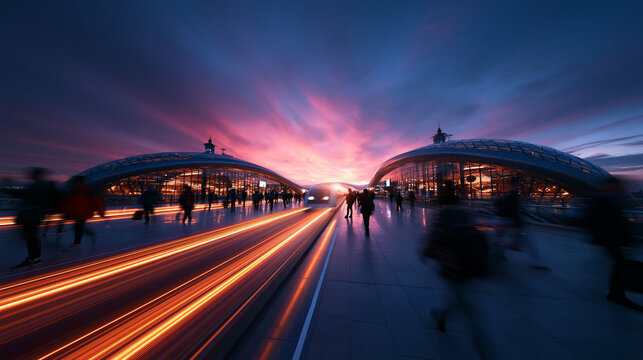 High Speed Train Station at Sunset with Light Trails