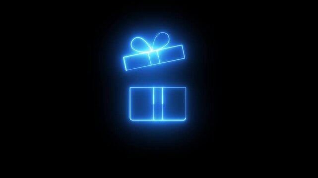Neon Gift Box Icon on Black Background present happy ,Bright outline style representing celebration, surprise, present, discount, bonus and special offer. Perfect for holiday.