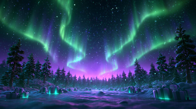 Northern Lights Over Snowy Forest with Glowing Christmas Gifts