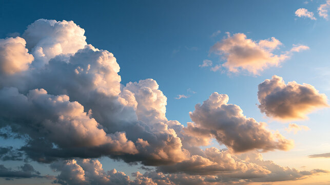 Fluffy Cumulus Clouds in Blue Sky at Sunset
