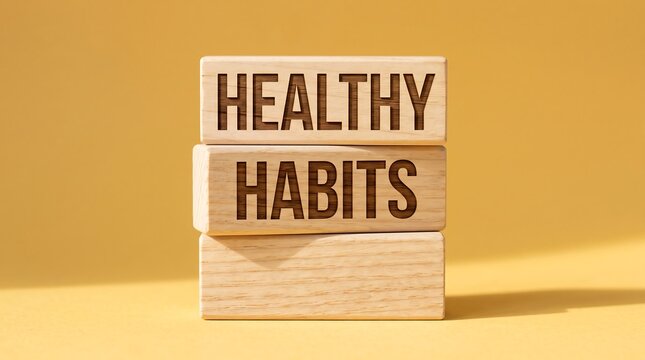 Healthy habits text on wooden blocks, wellness lifestyle concept, stacked timber bricks on yellow background for health coaching