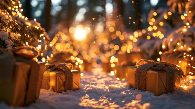 Christmas Gift Boxes in Snowy Forest with Festive Lights