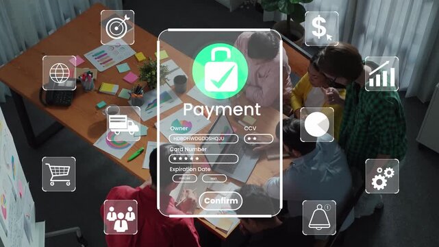 Group of people planning a secure online payment process with modern technology and digital icons around the workspace showing collaboration and productivity Gluon.