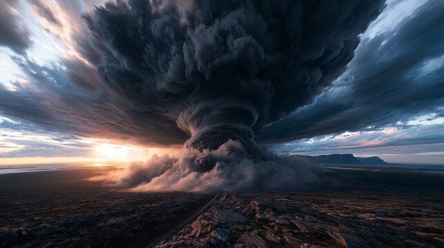 Dramatic Volcanic Ash Cloud and Storm Plume Over Landscape