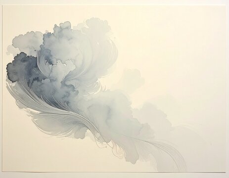 Soft grey sumi ink cloud drifting across cream washi paper, minimal Japanese abstract background with copy space
