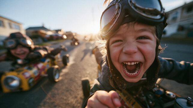 Excited Boy Racing Handmade Go-Kart Down Suburban Street