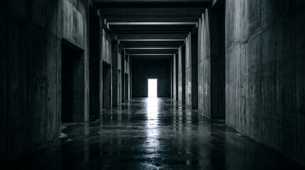 Fototapeta premium Dark Moody Concrete Corridor with Wet Reflective Floor Leading to a Bright Lit Doorway in Brutalist Style