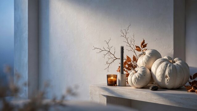 Minimalist Autumn Halloween Decor with White Pumpkins, Candle and Dried Branches in Modern Interior