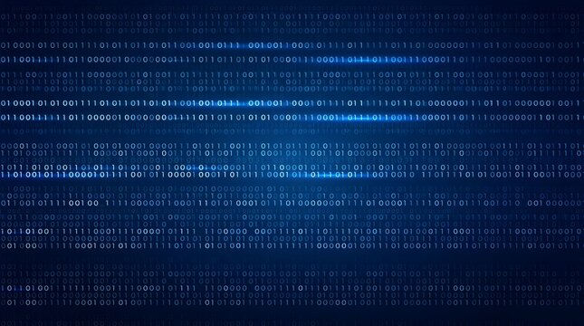 Dark technology background featuring flowing binary code patterns with glowing highlights, suitable for cyber security, AI, and software development design