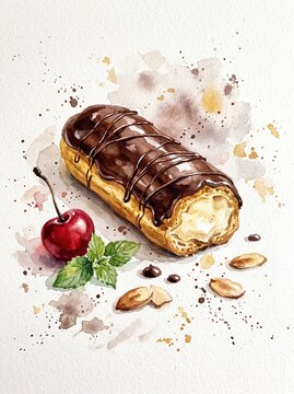 Watercolor illustration glazed chocolate eclair cream filling, fresh cherry mint leaves almonds scattered, splattered background french pastry artwork homemade bakery dessert display
