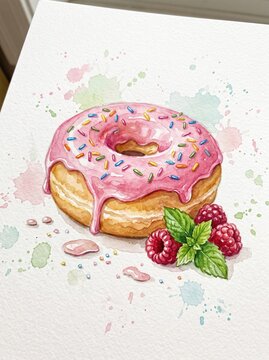 Watercolor illustration glossy donut pink glaze dripping, colorful sprinkles fresh raspberries mint leaves scattered, splattered background sweet bakery artwork on soft pastel backdrop for celebration