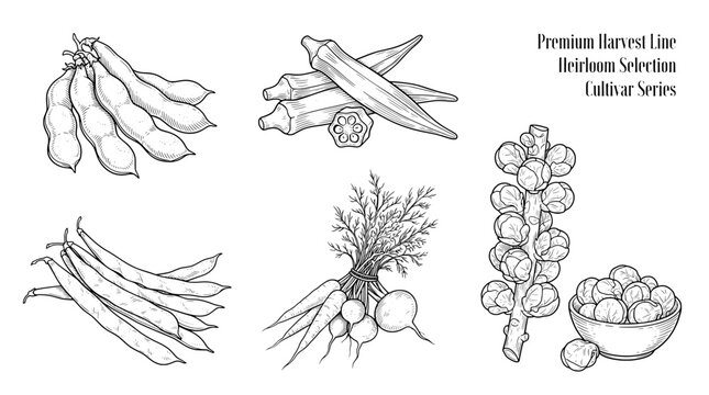 Premium engraved illustration of heirloom vegetables in detailed black and white design