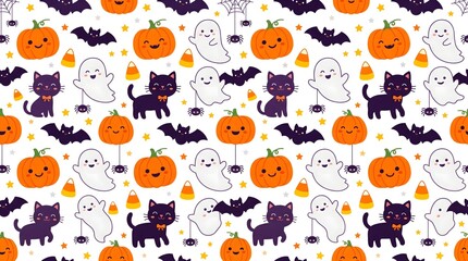 Fototapeta premium Cute Halloween Seamless Pattern Background with Cartoon Orange Pumpkins Flying White Ghosts Black Cats Bats Spider Webs and Candy Corn on White