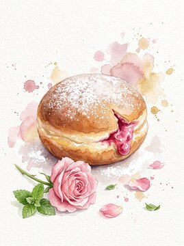 Watercolor illustration polish pączki doughnut powdered sugar, pink jam filling oozing pink rose petals, splattered background festive fried dessert artwork on soft white backdrop for holiday