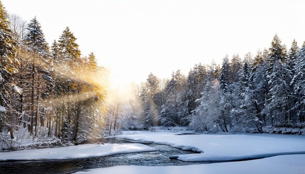 Winter Forest Scene With Sun Rays Over Frozen River Isolated On Transparent Background