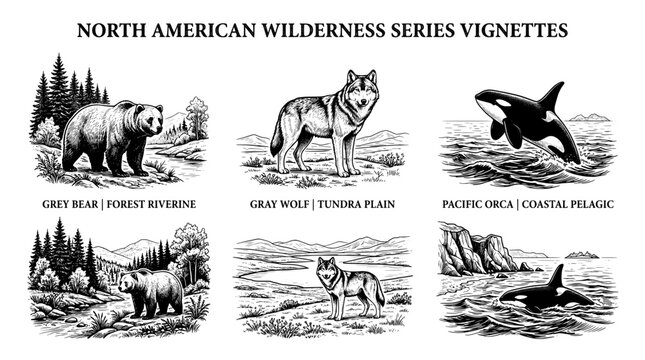 Engraved illustration showing North American wildlife in different environments