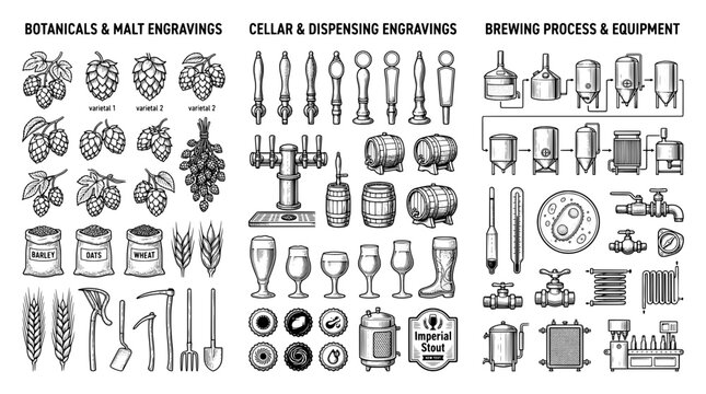 Engraved illustration showing detailed brewing process and equipment with botanical elements and dispensing tools