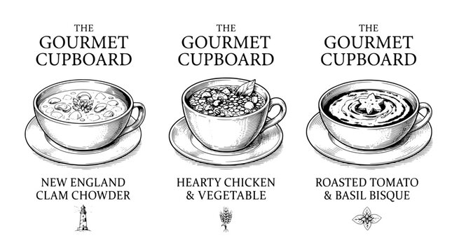 Premium engraved illustration showcasing three soup options from the gourmet cupboard with clear labels and distinct designs