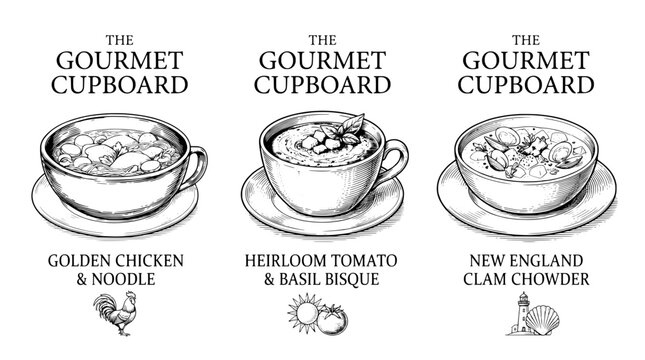 Engraved illustration of gourmet soup cups featuring chicken noodle, tomato basil bisque, and clam chowder