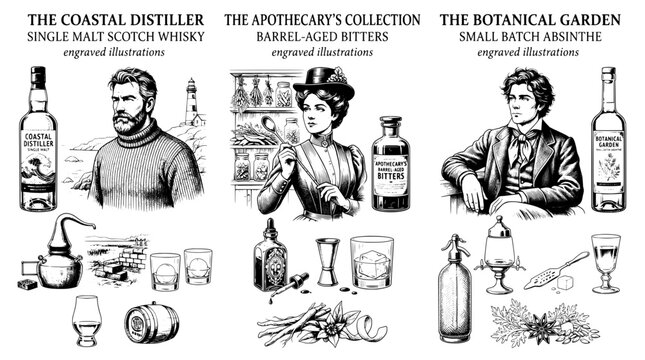 Engraved illustrations of distillation and brewing processes displayed with various liquor labels