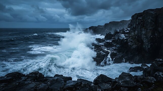 Dramatic seascape featuring powerful ocean waves crashing against rugged coastal cliffs under a stormy dark blue sky