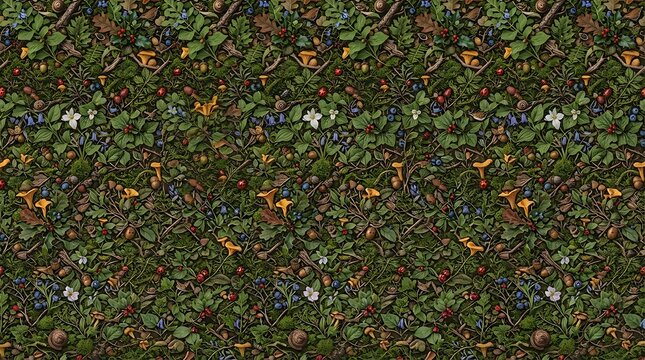 Detailed forest floor seamless pattern with moss mushrooms berries wildflowers and acorns for natural backgrounds and textures