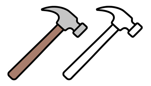 Minimalist hammer icon in line art style and colored, for coloring page or UI/UX app design