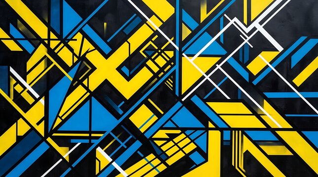 Dynamic abstract geometric artwork featuring intersecting lines and bold shapes in yellow blue black and white colors