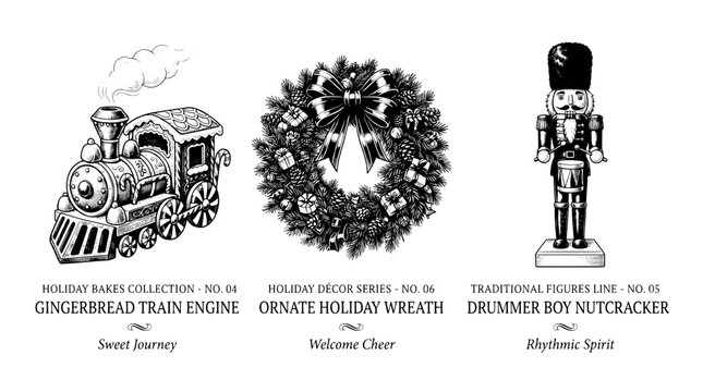 Engraved illustrations of gingerbread train engine, holiday wreath, and drummer boy nutcracker in black and white vector style