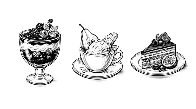 Engraved illustration of desserts with fruits, ice cream, and cake on plates