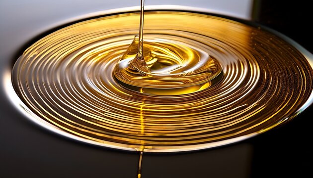 This Close Up Captures The Continuous Anointing Oil Flow Of A Thick Golden Oil Onto A Smooth Reflective Surface Emphasizing Its Texture And Rich Color