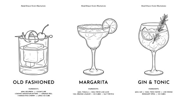 Engraved illustrations of cocktails with ingredient lists and drink names