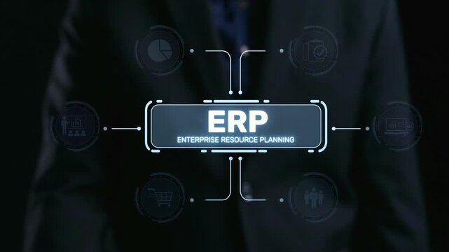 ERP platform visual showing centralized system for enterprise resource planning, improving integration, data flow, business efficiency, finance, inventory, and human resources. Elide