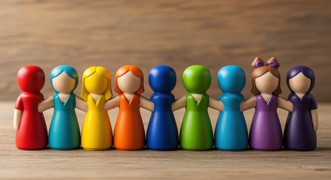 Nine colorful wooden peg dolls in red, blue, yellow, orange, green, and purple standing in a row. Perfect for representing diversity, teamwork, community, and inclusion concepts.