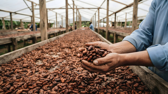 Agriculture Concept Hands Holding Cocoa Beans in Greenhouse on a transparent background