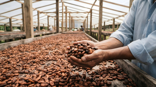 Agriculture Concept Hands Holding Cocoa Beans on Drying on a transparent background