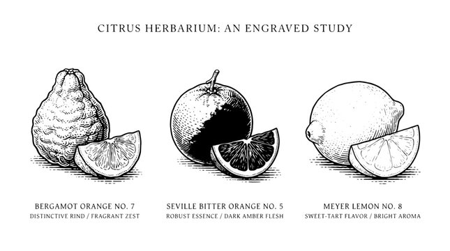 Citrus herbarium engraving study with bergamot orange, Seville bitter orange, and Meyer lemon displayed on a plain background