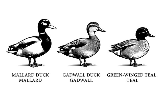 Engraved illustration of mallard duck, gadwall duck, and green-winged teal