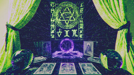 Fototapeta premium Mysterious fortune teller tent displays glowing neon symbols and magic crystal balls at night with tarot cards spread out for a spooky Halloween themed divination ritual