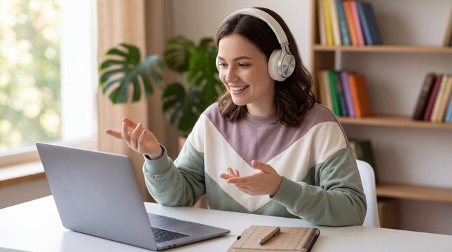 Woman attending online class with headphones and laptop during remote learning at home