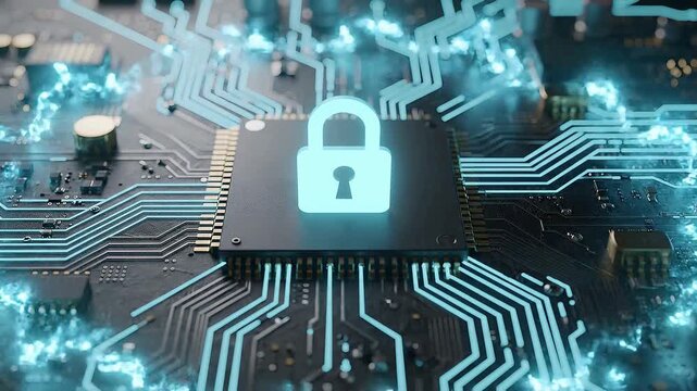 Cybersecurity processor animation with digital padlock protection, encrypted semiconductor circuitry, secure data access, network defense and futuristic information security technology background
