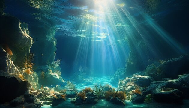 Underwater World A Cave Under Water Permeated With Rays Of Sunlight