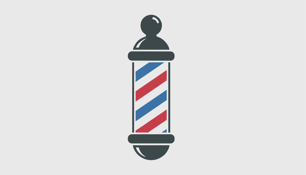 Traditional barber pole icon with red, white, and blue spiraling stripes in clean flat graphic design on grey background.