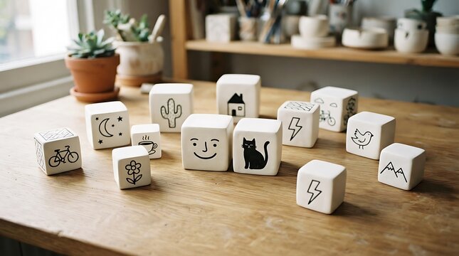 Collection of white wooden blocks with hand drawn illustrations on a light wooden table near a window with plants