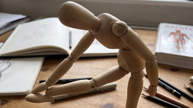 Wooden artist mannequin in dynamic pose on studio desk. Articulated drawing figure with anatomy book and sketchbooks. Creative workspace for illustrators.