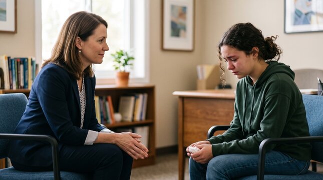 Therapist talking with distressed young woman during supportive counseling session in welcoming office interior